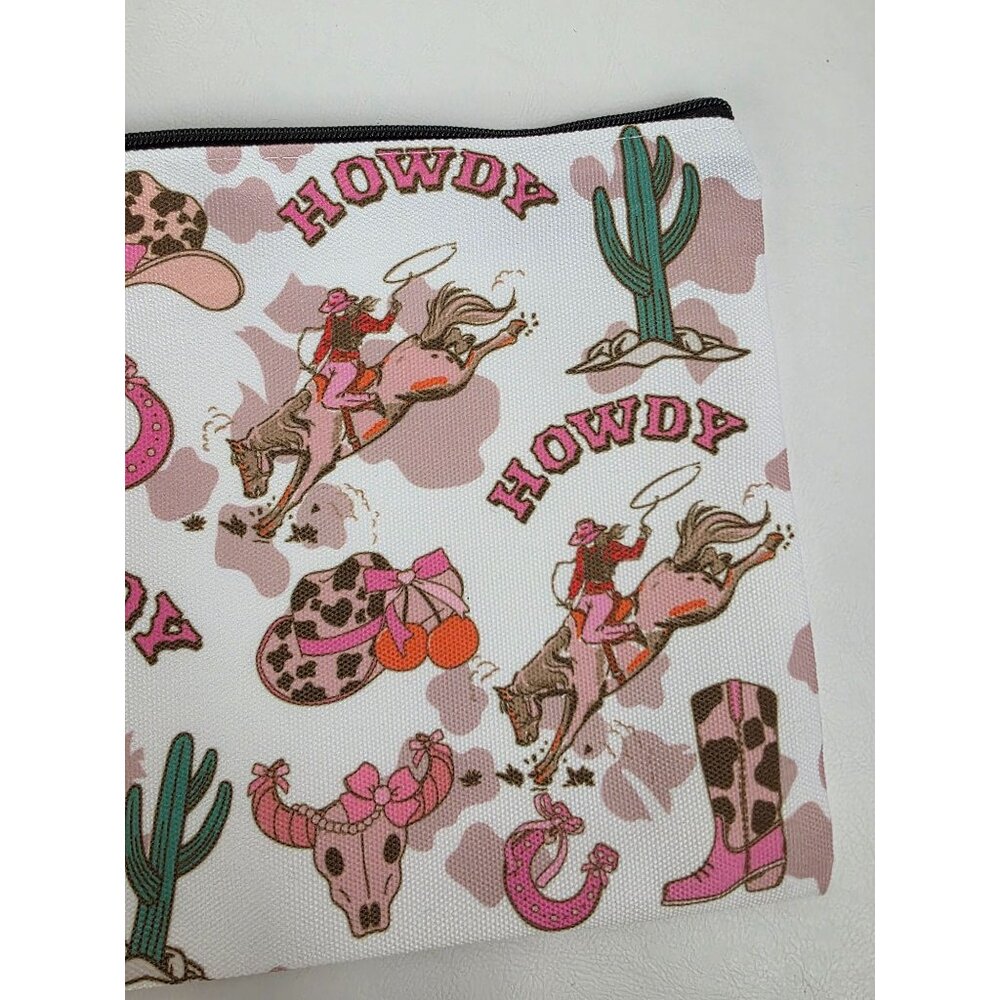 New Howdy Western-Themed Canvas Zipper Pouch 9x7 In With Cowboy & Cowgirl Print - Picture 2 of 9